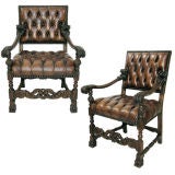 Pair Renaissance Style Leather Arm Chairs (GMD#2162)