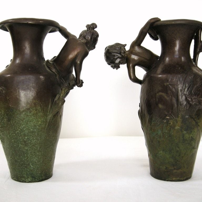 Pair Art Nouveau Bronze Vases A.Moreau (GMD#2167)