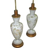 Antique PAIR OF HAND PAINTED GLASS  TABLE LAMPS