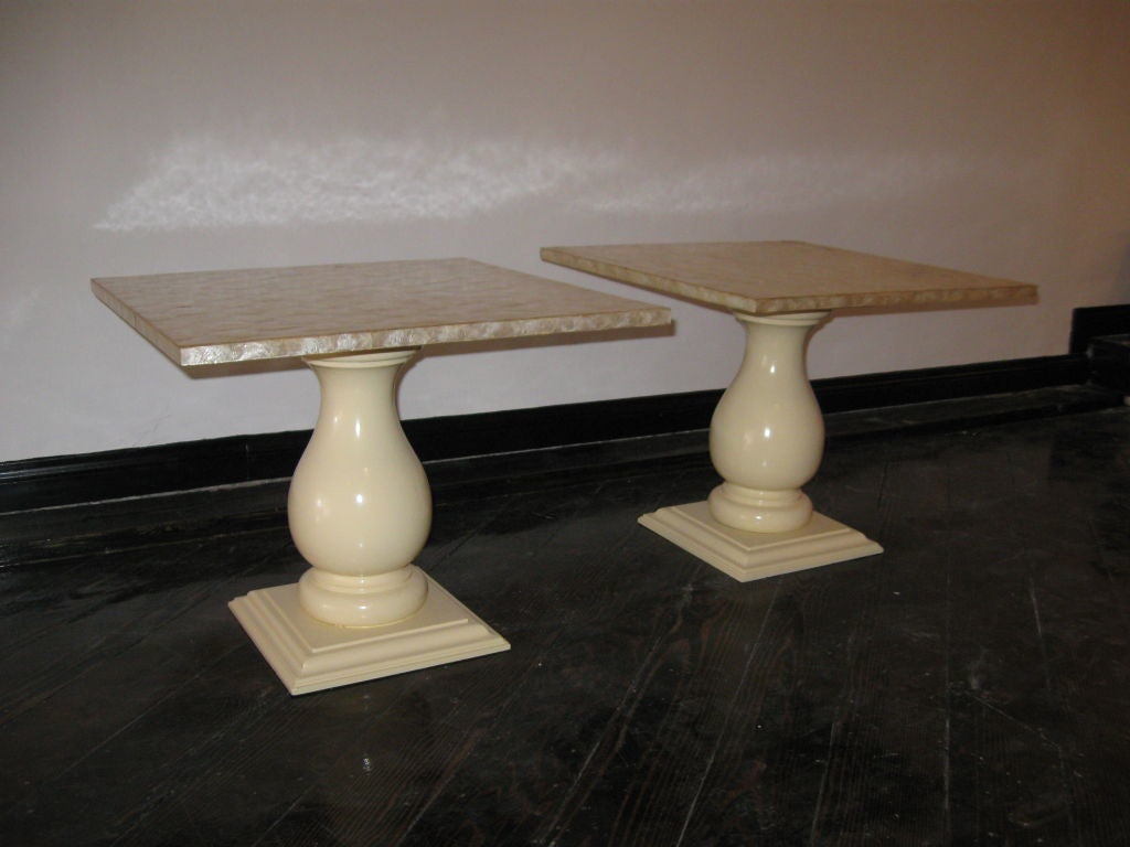PAIR OF SIDE TABLES WITH LAMINATED CAPIZ SHELL TOPS