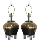 PAIR OF BRASS AND LUCITE TABLE LAMPS