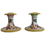 PAIR OF HAND PAINTED TERRACOTA CANDLE STICKS