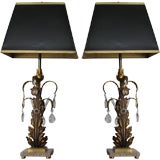 PAIR OF GILT BRONZE AND CRYSTAL TABLE LAMPS