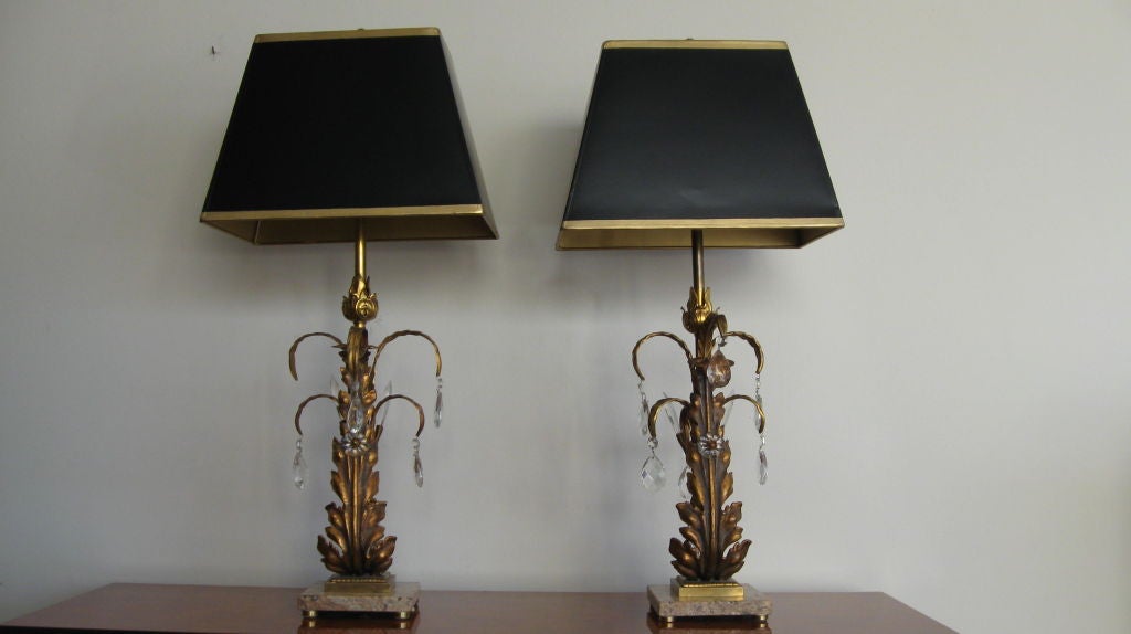 PAIR OF GILT BRONZE AND CRYSTAL TABLE LAMPS