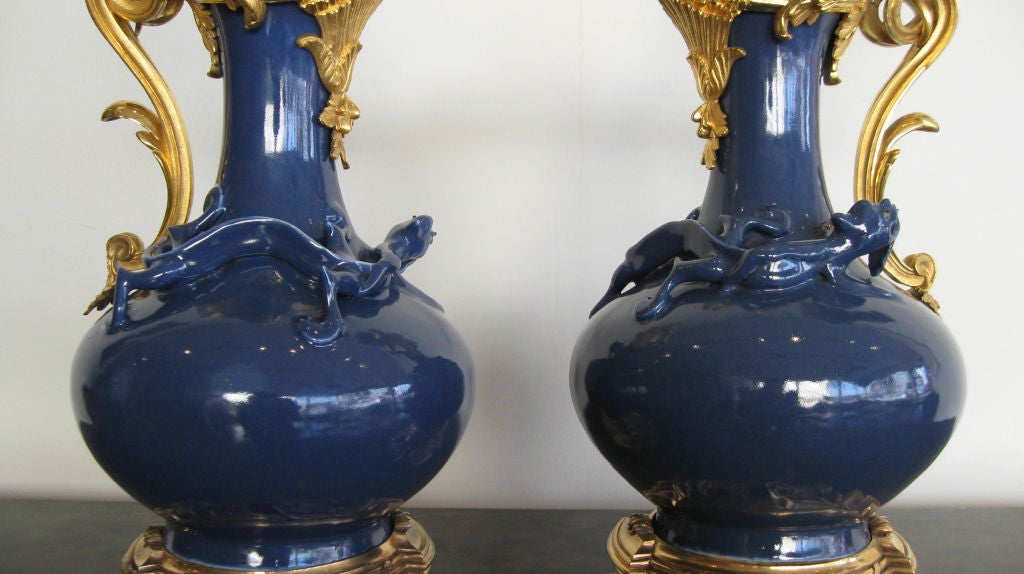 19th Century PAIR OF FRENCH GILT-BRONZE AND PORCELAIN VASES