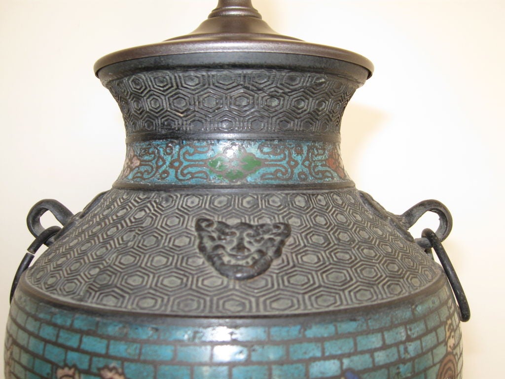 CHINESE CHAMPLEVE ENAMEL ON BRONZE VASE  LAMP In Excellent Condition In Los Angeles, CA