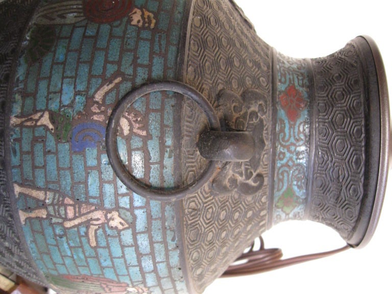 CHINESE CHAMPLEVE ENAMEL ON BRONZE VASE  LAMP 3