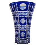 COBALT AND CLEAR CUT GLASS VASE.