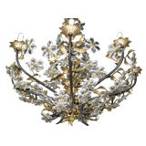 BRASS AND GLASS CHANDELIER WITH EIGHT ARMS