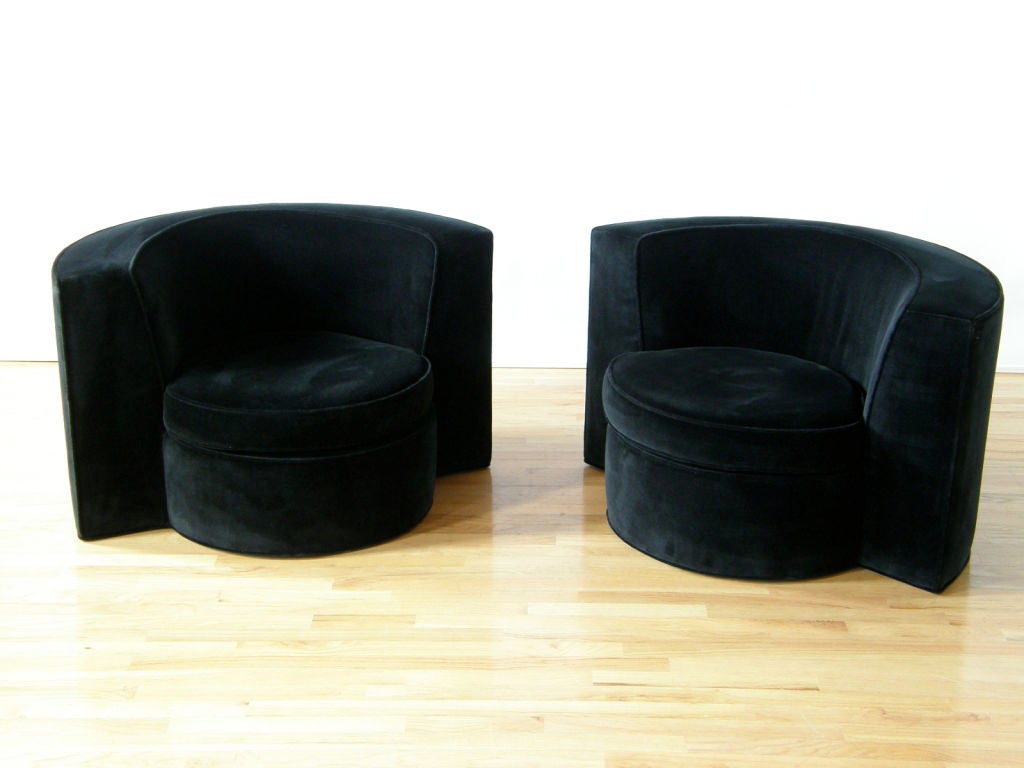 Half-round barrel chairs with exaggerated wrap-around backs, bought from The Merchandise Mart in Chicago in the 1960's. Comfortable and nicely scaled, deco revival design.