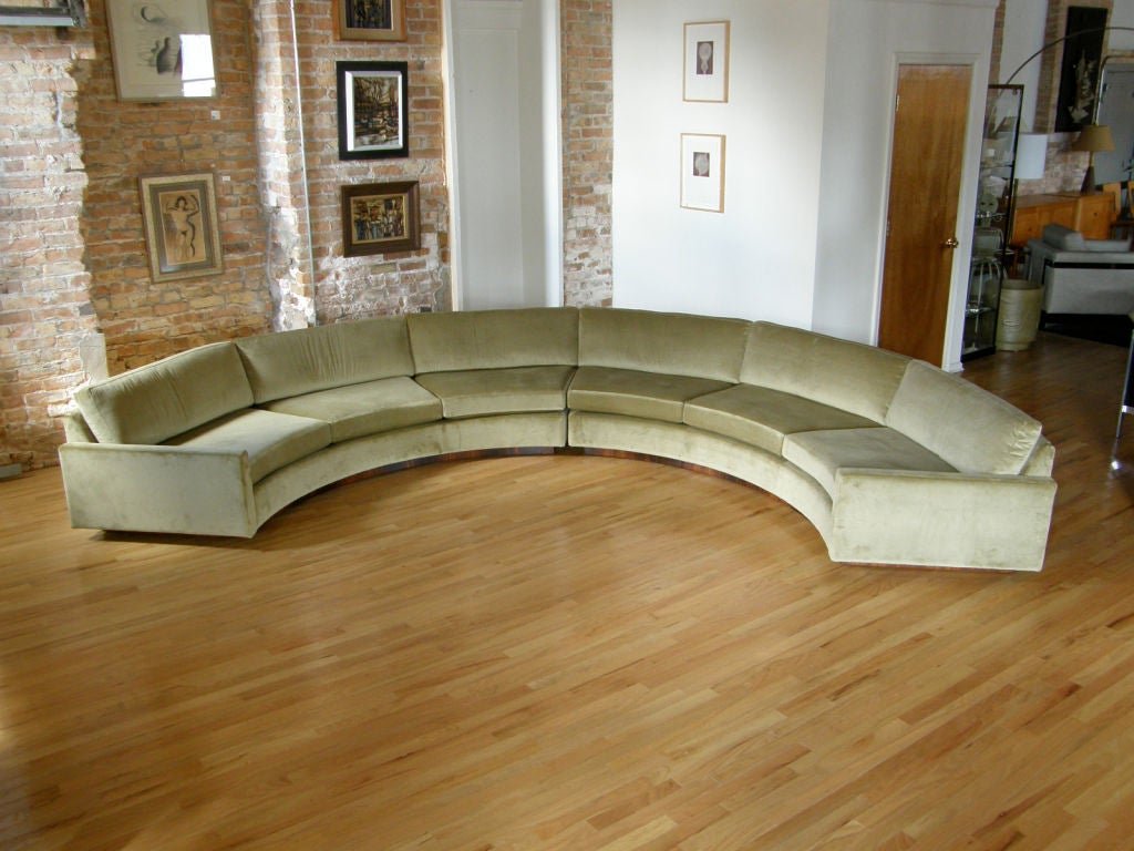 Huge, 1/2 circle sofa designed by Milo Baughman <br />
for Thayer Coggin. Two piece sectional upholstered in light green velvet on a rosewood plinth base. <br />
Very dramatic together but also works as two separate sofas.