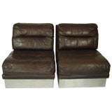 Pair of Low French Leather Lounge Chairs on Steel Base