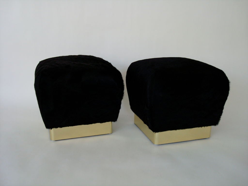 Black Edelman Hair on Hide Pair of Small Brass Base Stools