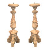 One Pair Italian Style Carved Wood Prickets With Worn Paint One Pair Italian Style Carved Wood Prickets With Worn Paint