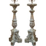One Pair Italian Style Carved Wood Prickets Converted Into Lamps