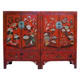 Pair of Red Lacquer Cabinets with Wucai Folk Painting