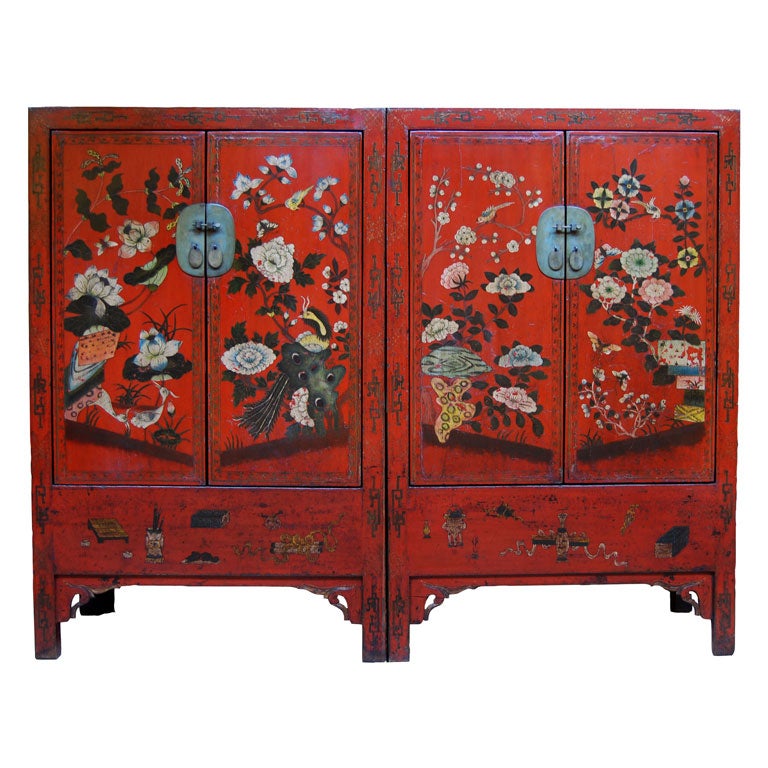 Pair of Red Lacquer Cabinets with Wucai Folk Painting