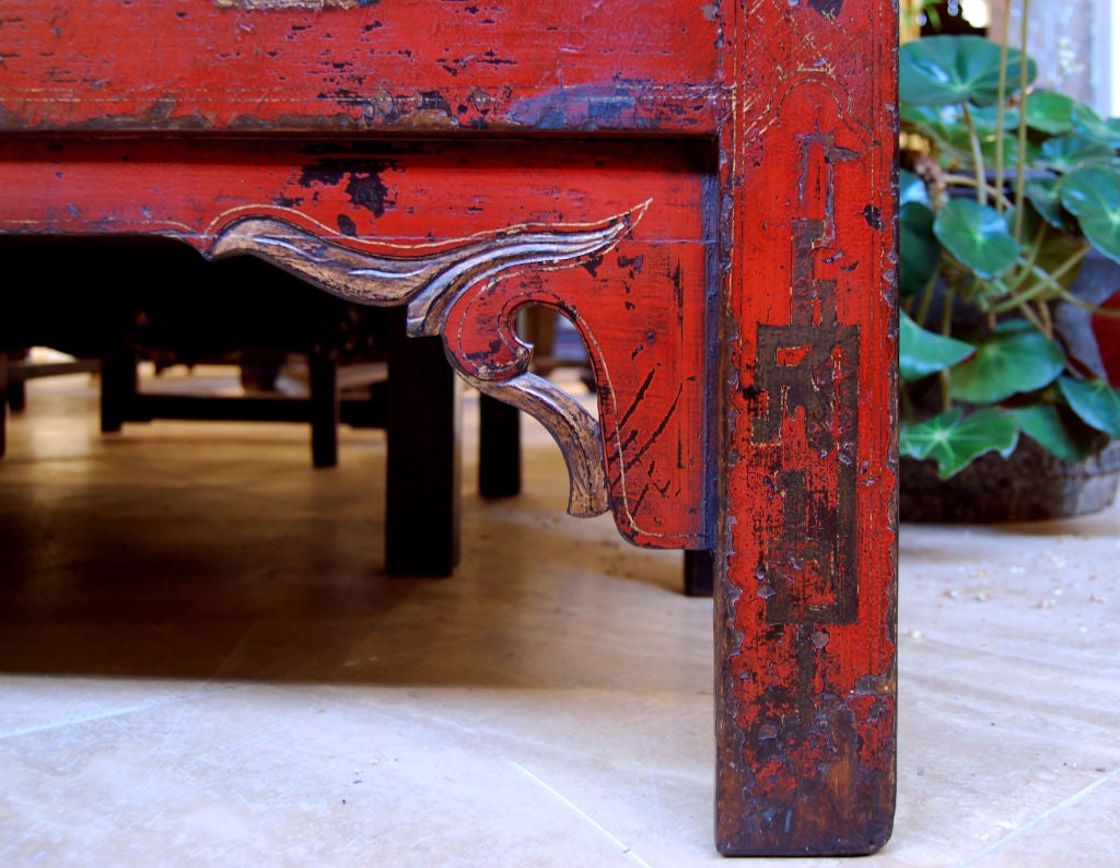 19th Century Pair of Red Lacquer Cabinets with Wucai Folk Painting