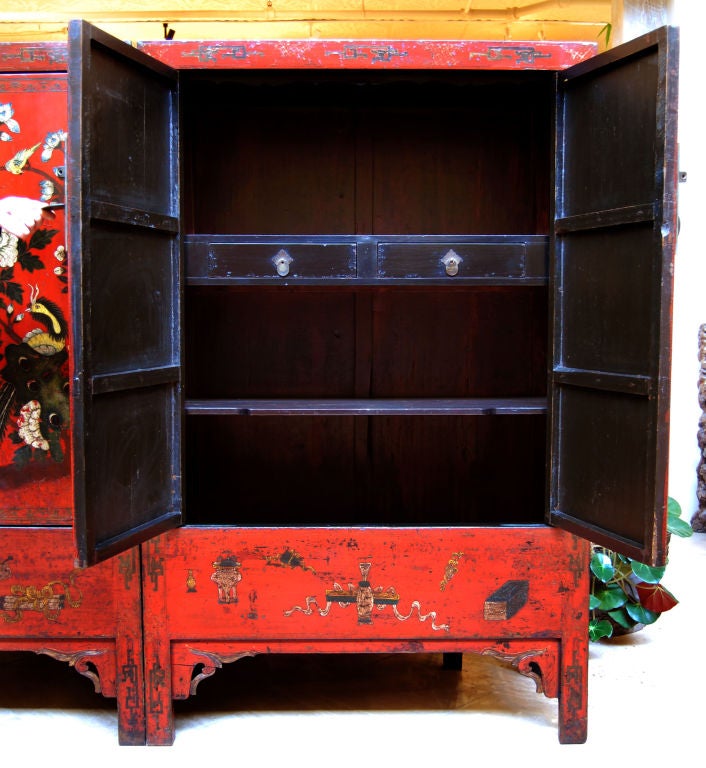 19th Century Pair of Red Lacquer Cabinets with Wucai Folk Painting