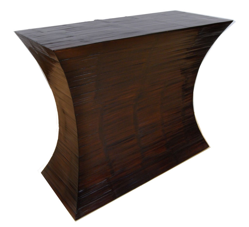 Crushed bamboo console table with concave sides and a dark espresso stain from Northern China.<br />
<br />
<br />
Keywords:  Console, entry, side, occasional, table