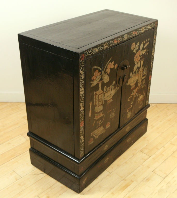 Lacquered Pair of Low Painted Chinese Chests