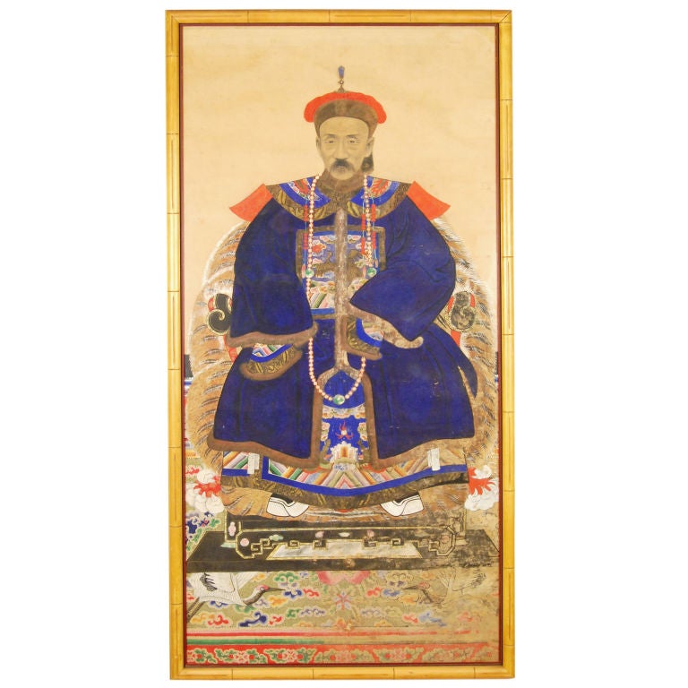 A popular practice with this type of 19th century Chinese ancestor memorial painting, the individual is portrayed as a low 8th rank official identified by the rank badge on his chest depicting a brown quail, however, the painter also portrays the