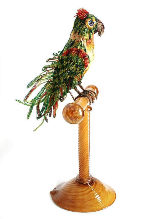 Italian Hand Beaded Parrot Lamp on Murano Glass Perch