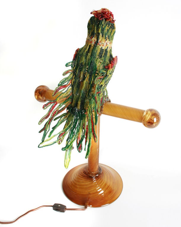 Mid-20th Century Hand Beaded Parrot Lamp on Murano Glass Perch