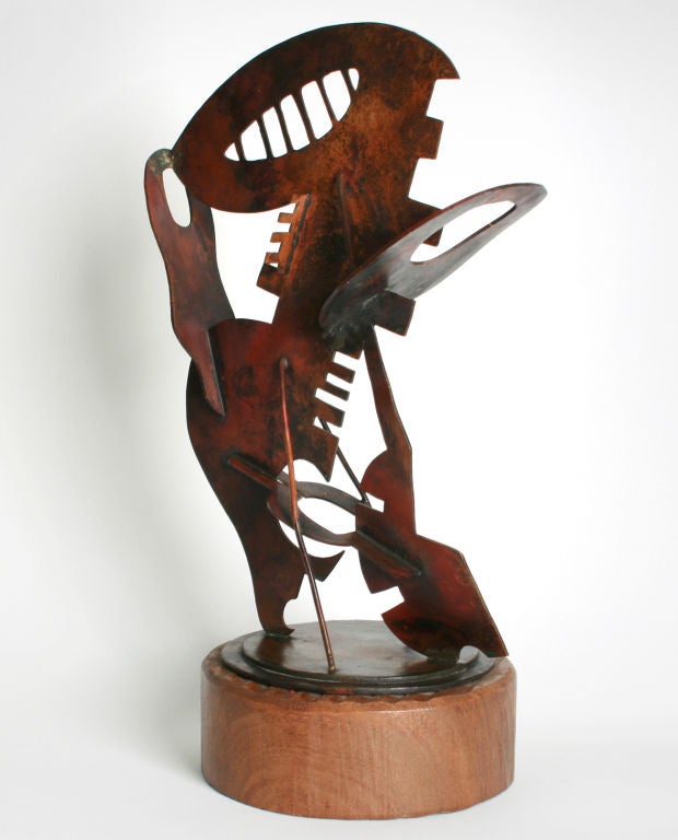 This is a fabulous sculpture with visual interest from all sides. Carl Pappe, born in Hungary in 1900, emigrated here at the age of 5. He died in 1998. At first he apprenticed as a muralist at the Cleveland Art Institute, later he was a set designer