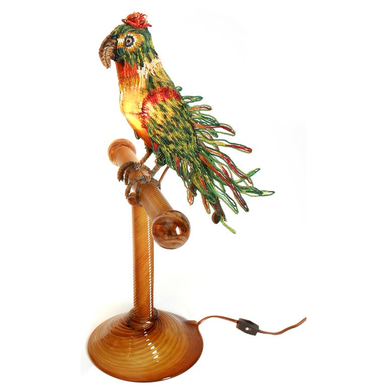 Hand Beaded Parrot Lamp on Murano Glass Perch