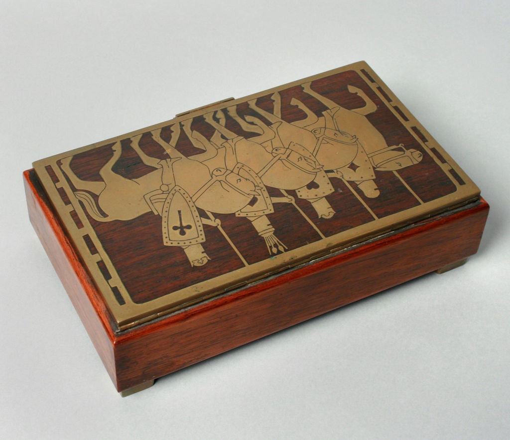 Wood Art Nouveau Gentleman's Card or Cufflink box with Knight Motif