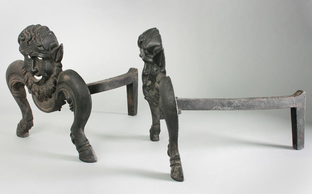 Pair of Figural Andirons Satyr Motif In Excellent Condition In Chicago, IL