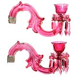 Antique Unusual Pair of  Cut Crystal Rose PInk Candle Sconces