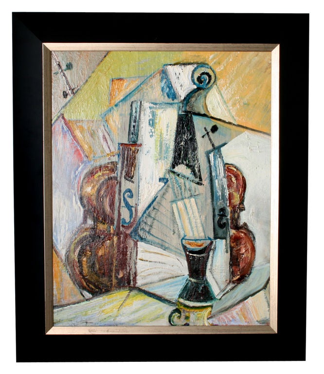 This is a wonderfully executed cubist painting in the manner of Jack Tworkov.  Inscribed on the back Happy Birthday Sam Love Jack and dated July 1st, 1962.  Framed the piece measures 21.