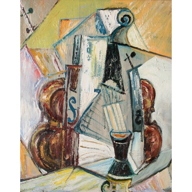Cubist Painting with Musical Elements For Sale