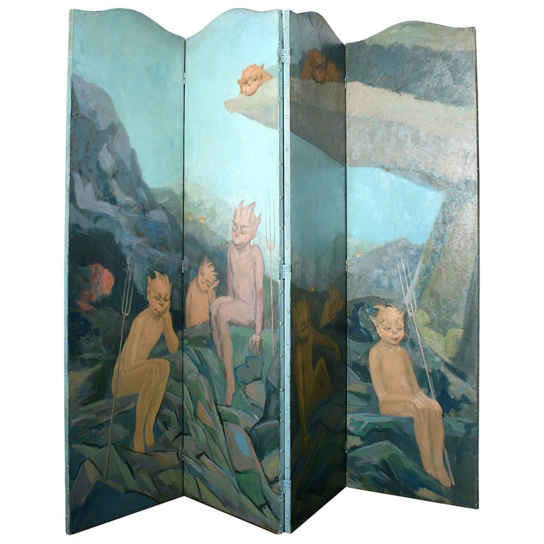 Art Deco Four Paneled Demons and Angels  Fantasy Screen