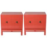 Pair of Coral Lacquer cabinets / Nightstands