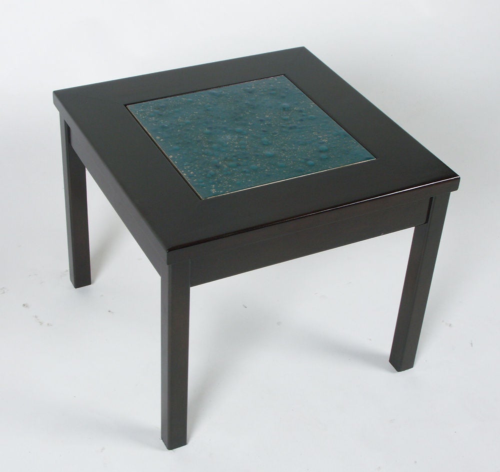 Pair of John Keal tables with inset ceramic tiles
