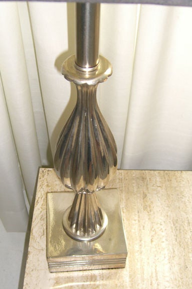 Pair of elegant 1940s nickel table lamps with fluted forms on square bases. Modern shades.