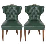 Pair of 1940's tufted side chairs with brass rope handles