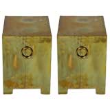 Pair of studded brass cube tables with ring handles on sides