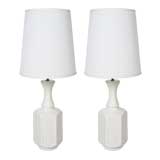 Pair of Hollywood Regency white ceramic lamps w lattice  design