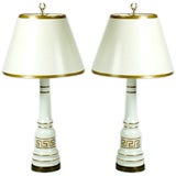 Pair of white glass lamps with Greek key design