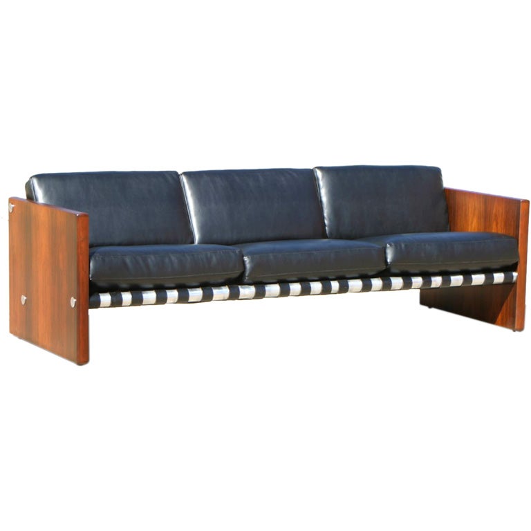 1970s Rosewood Aluminum and Black Leather Sling Sofa