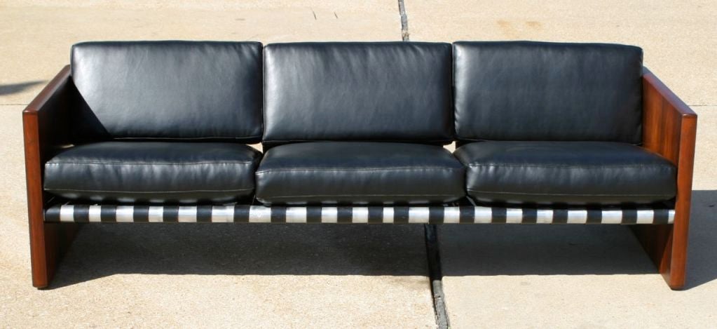 American 1970s Rosewood Aluminum and Black Leather Sling Sofa