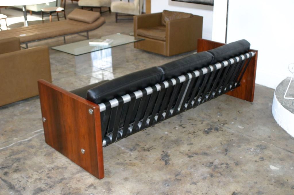 Late 20th Century 1970s Rosewood Aluminum and Black Leather Sling Sofa