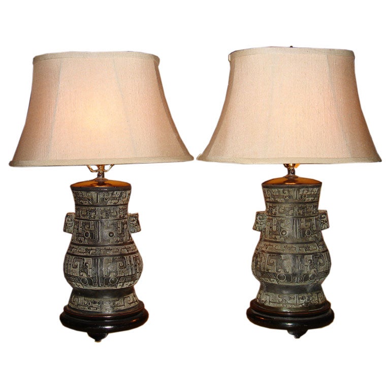 Pair of Bronze Lamps with Flared Shades
