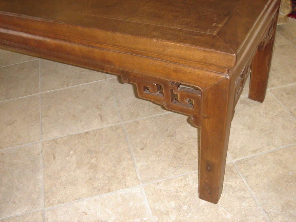 Beautiful Chinese Bench/coffee Table is made of  walnut wood hand made, with open work stylized dragon and scroll design to the apron. Great at the end of a Kingsize Bed