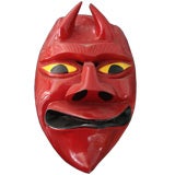Vintage Pair of Wooden Masks - Red Devil & Green Frog