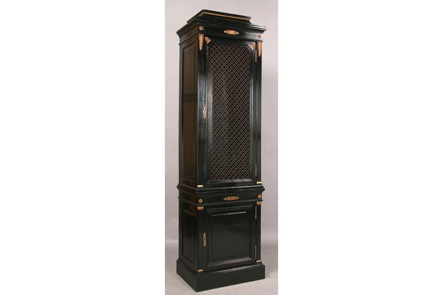 Pair of Continental ebonized mantle bookcases with stepped molded tops, two doors and bronze decorated columns circa 1910. <br />
The top doors having very interesting bronze inset panels.